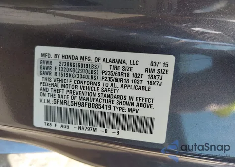 2015 Honda Odyssey Touring/Touring Elite from USA, damaged, VIN 5FNRL5H98FB085419